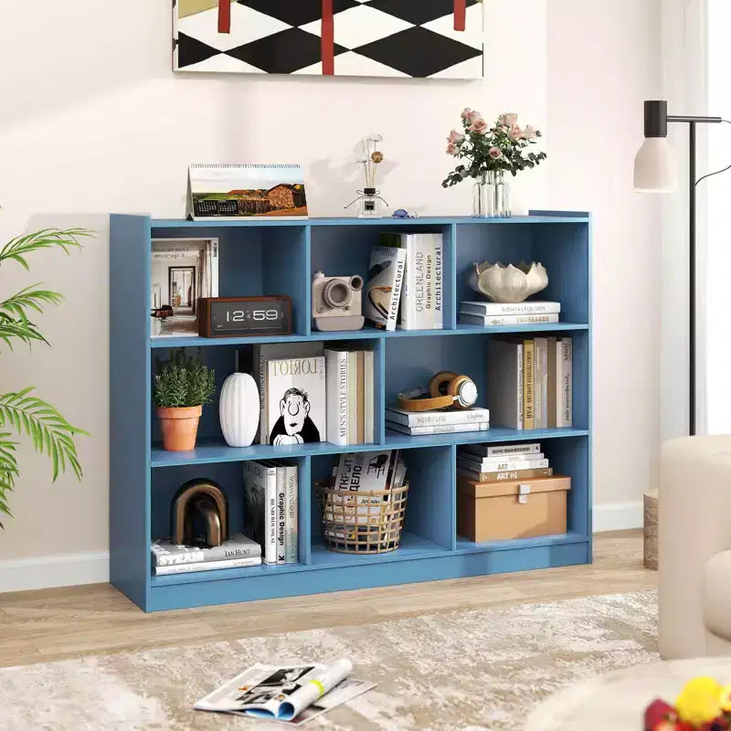 Libreria a giorno a 3 ripiani con 8 cubi, mobiletto portaoggetti e vetrina