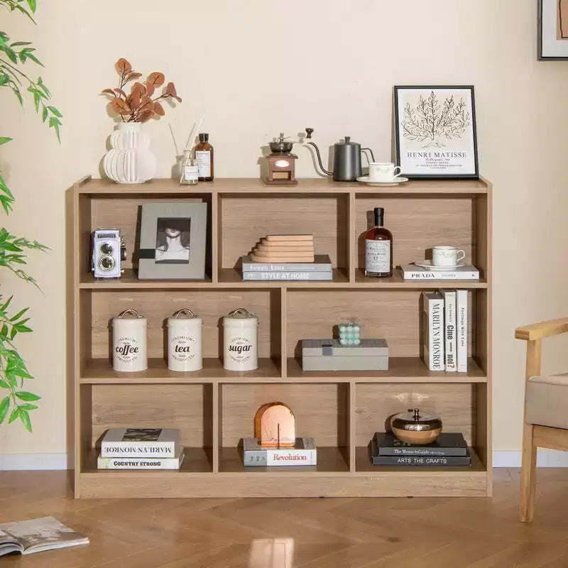 Libreria a giorno a 3 ripiani con 8 cubi, mobiletto portaoggetti e vetrina