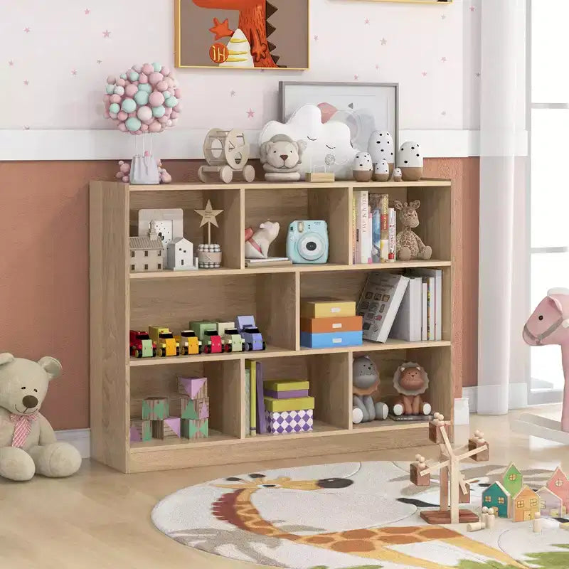 Libreria a giorno a 3 ripiani con 8 cubi, mobiletto portaoggetti e vetrina