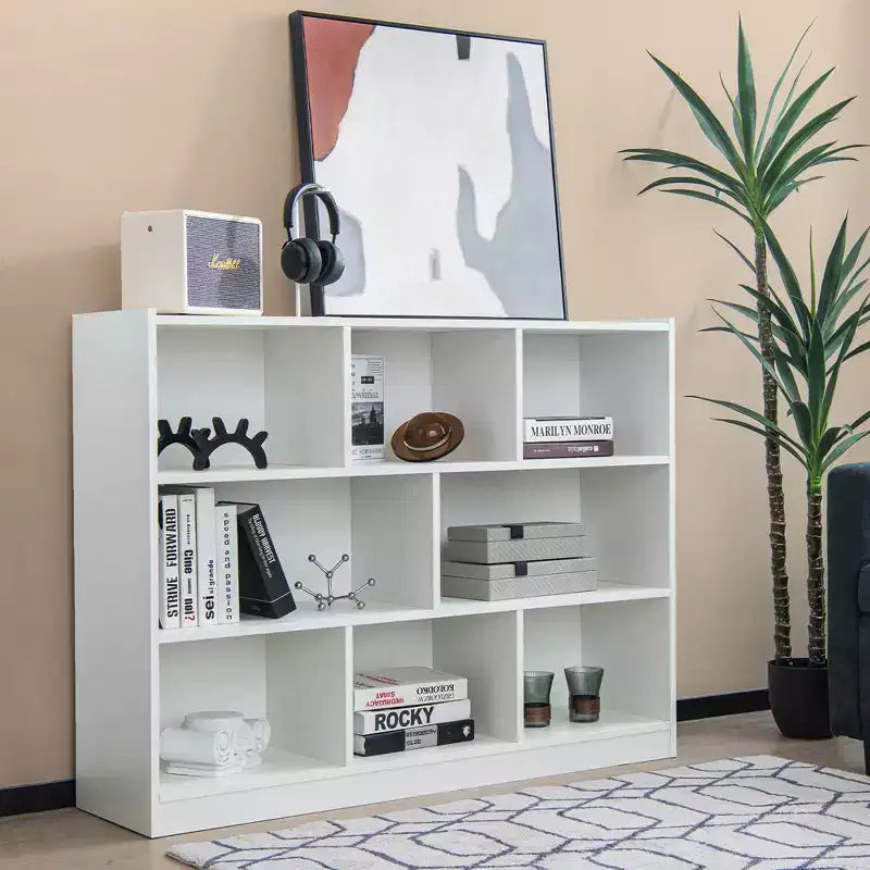 Libreria a giorno a 3 ripiani con 8 cubi, mobiletto portaoggetti e vetrina