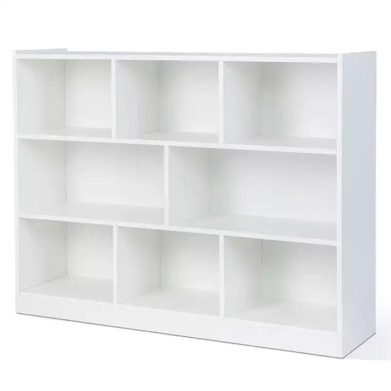 Libreria a giorno a 3 ripiani con 8 cubi, mobiletto portaoggetti e vetrina