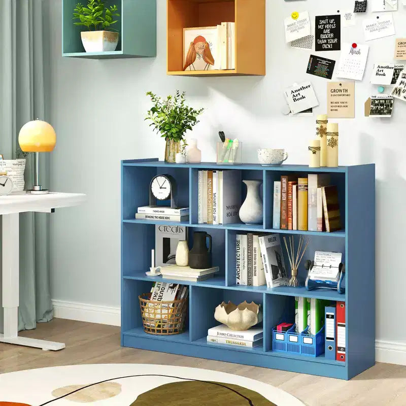 Libreria a giorno a 3 ripiani con 8 cubi, mobiletto portaoggetti e vetrina