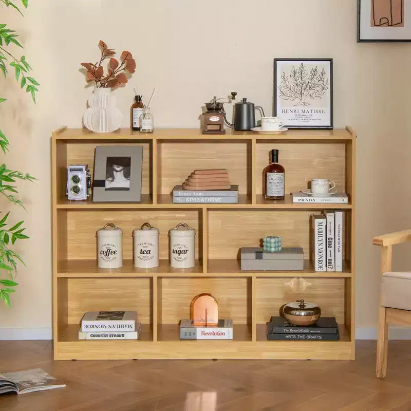 Libreria a giorno a 3 ripiani con 8 cubi, mobiletto portaoggetti e vetrina