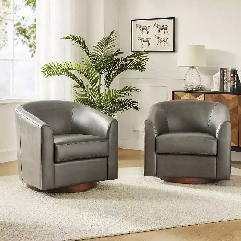 Set di 2 sedie moderne girevoli a barilotto Jessie da 30,5 pollici di larghezza in similpelle con base in legno massello|ART OF LIVING DESIGNS