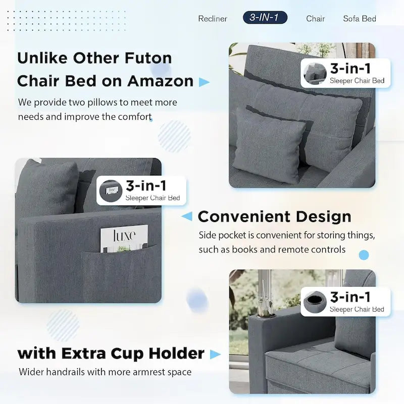 Poltrona-cama ajustável, convertível em 3 funções, várias cores, para 1 pessoa