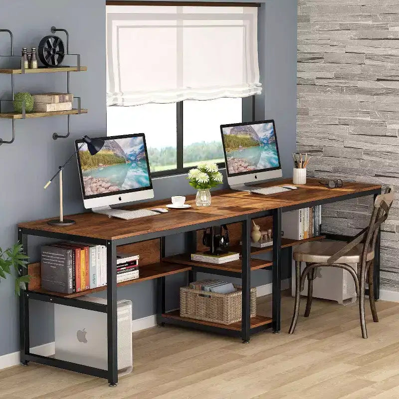 Lantine Scrivania Doppia con Libreria, Scrivania Doppia da Ufficio per Computer da 200 cm per Due Persone, Scrivania da Lavoro con Ripiano per Ufficio Domestico