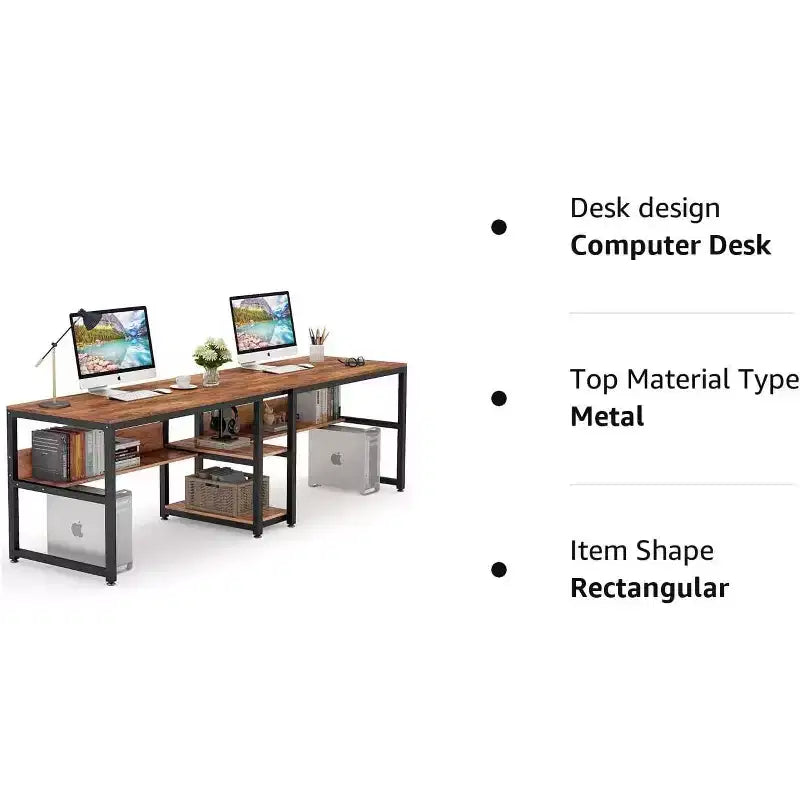 Lantine Scrivania Doppia con Libreria, Scrivania Doppia da Ufficio per Computer da 200 cm per Due Persone, Scrivania da Lavoro con Ripiano per Ufficio Domestico