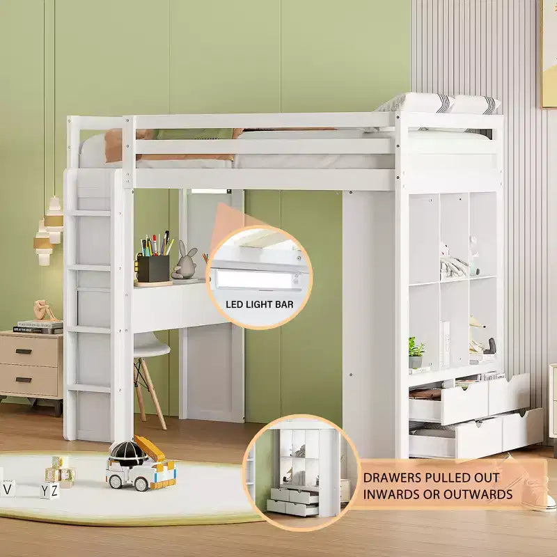 Letto a soppalco da una piazza e mezza/matrimoniale con ampi ripiani, scrivania e luce LED 4A - ModernLuxe