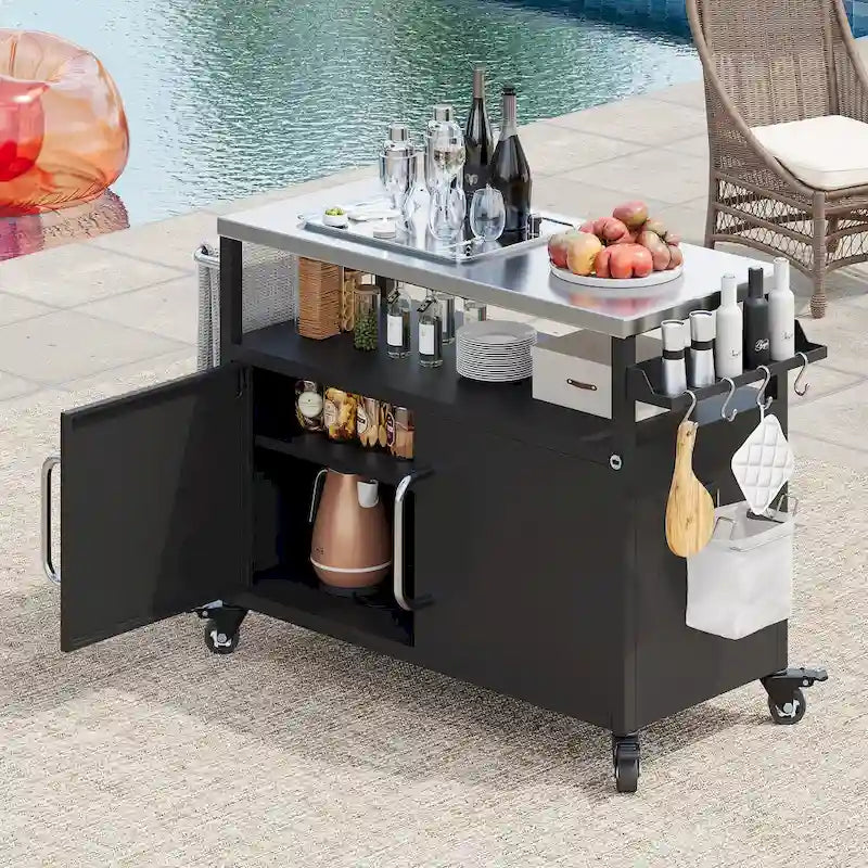 Ilha de cozinha exterior com tampo em aço inoxidável, mesa carrinho para grelhador em metal com armário de arrumação - N/A
