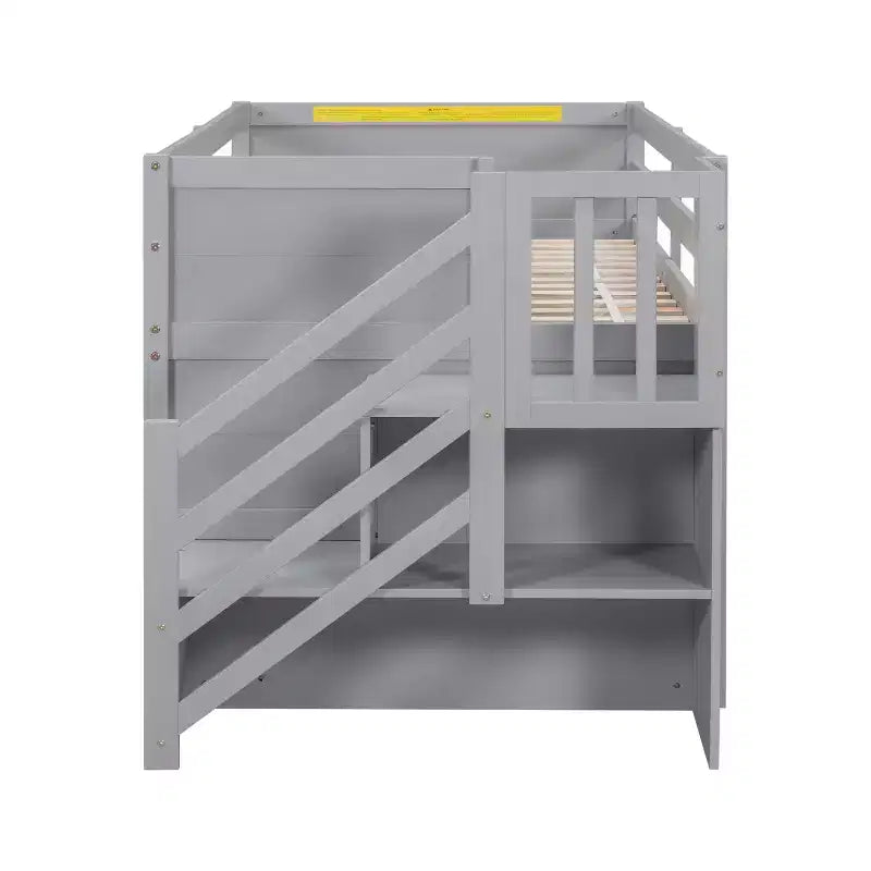 Cama baixa tipo loft individual em madeira maciça, 94.6L x 42.3W, com escada, gaveta e prateleira, design moderno e simples