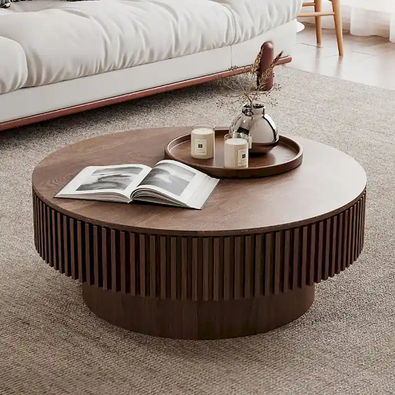 Tavolino rotondo moderno in legno massello impiallacciato con contenitore, da caffè o da tè