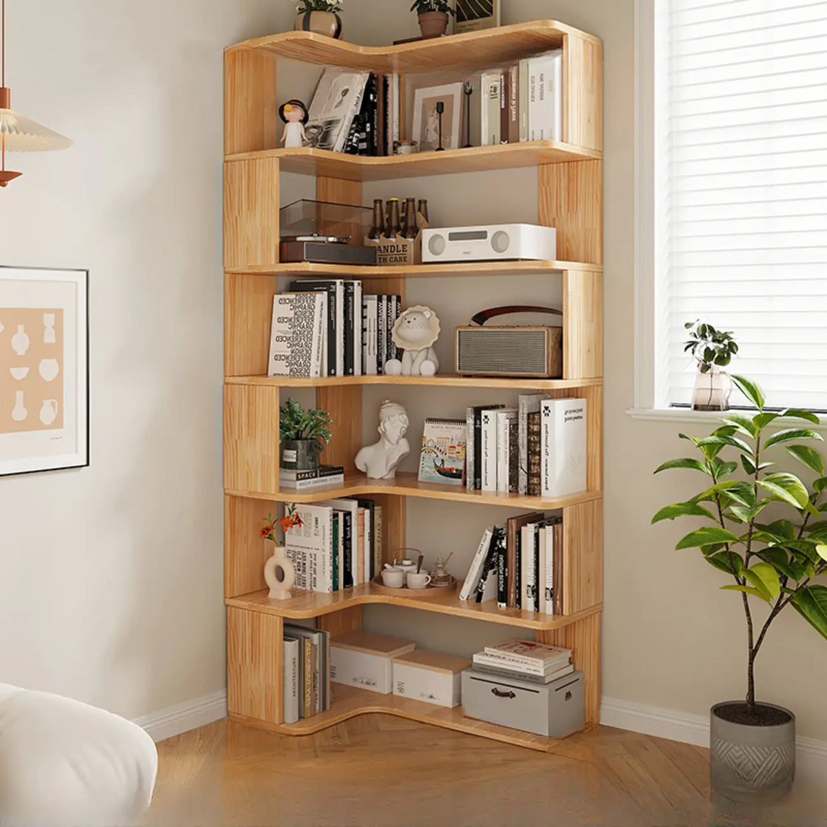 Vertikales L-förmiges Bücherregal aus Holz mit natürlicher Oberfläche und offener Rückseite