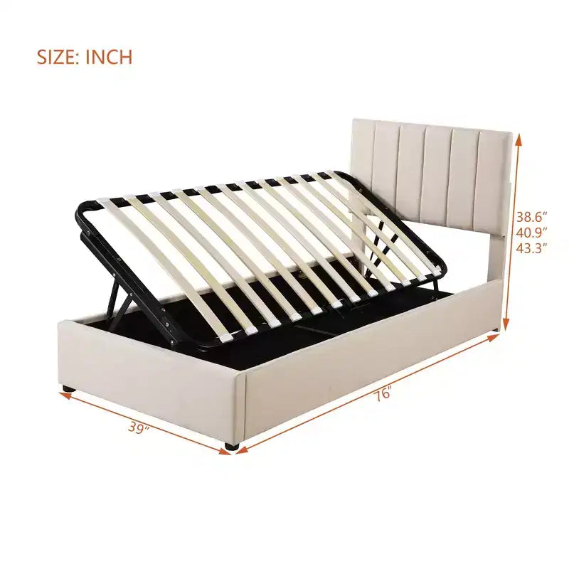 Cama com arrumação elevatória Bellemave de tamanho individual, cama de plataforma estofada com sistema de arrumação hidráulico, cabeceira com riscas verticais, bege