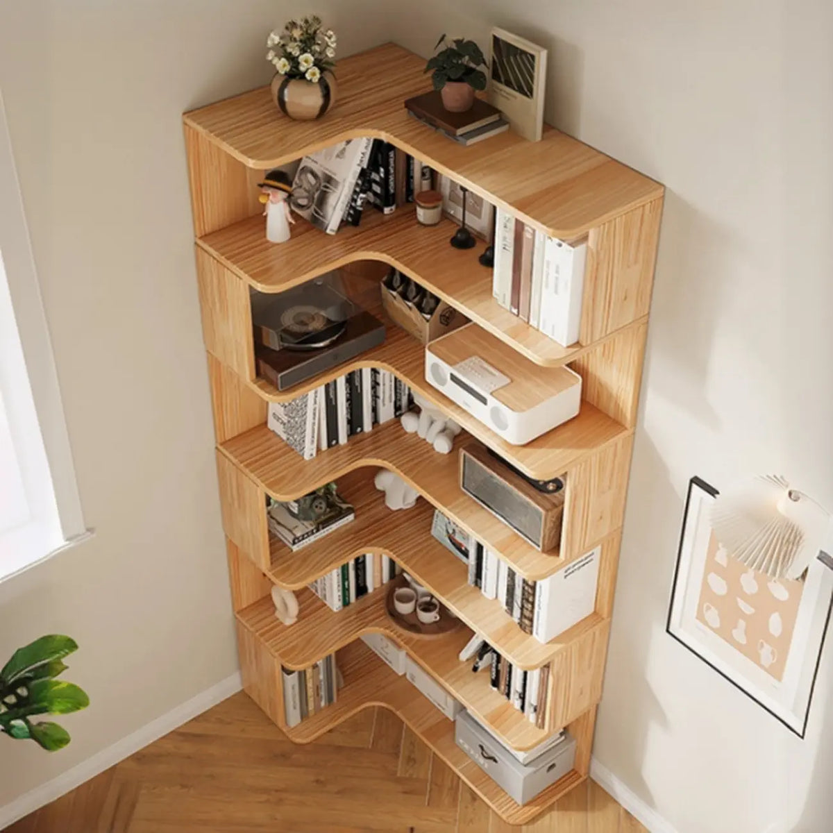Vertikales L-förmiges Bücherregal aus Holz mit natürlicher Oberfläche und offener Rückseite