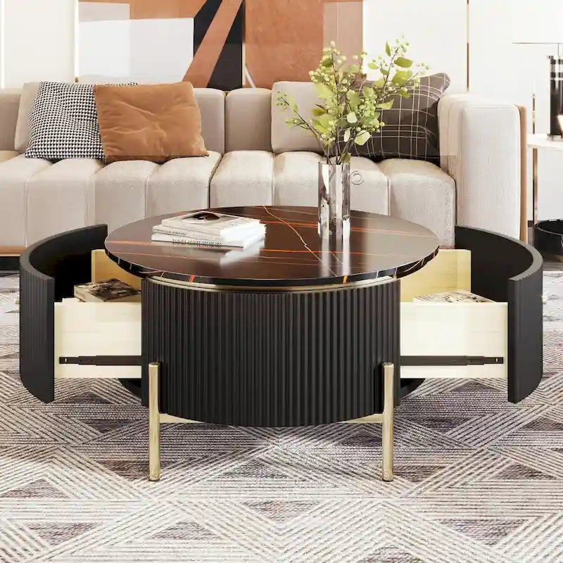 Table basse ronde moderne de 31,5 pouces avec grand espace de rangement dans le tiroir