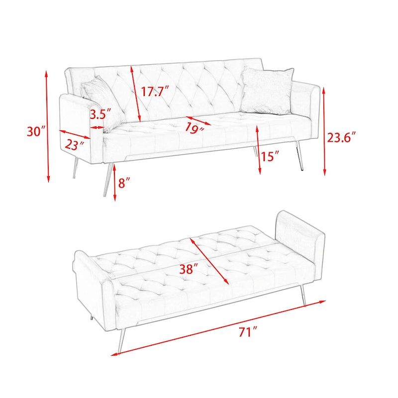 Divano Letto Convertibile Grigio Trapuntato - 19.00 x 71.00 x 30.00