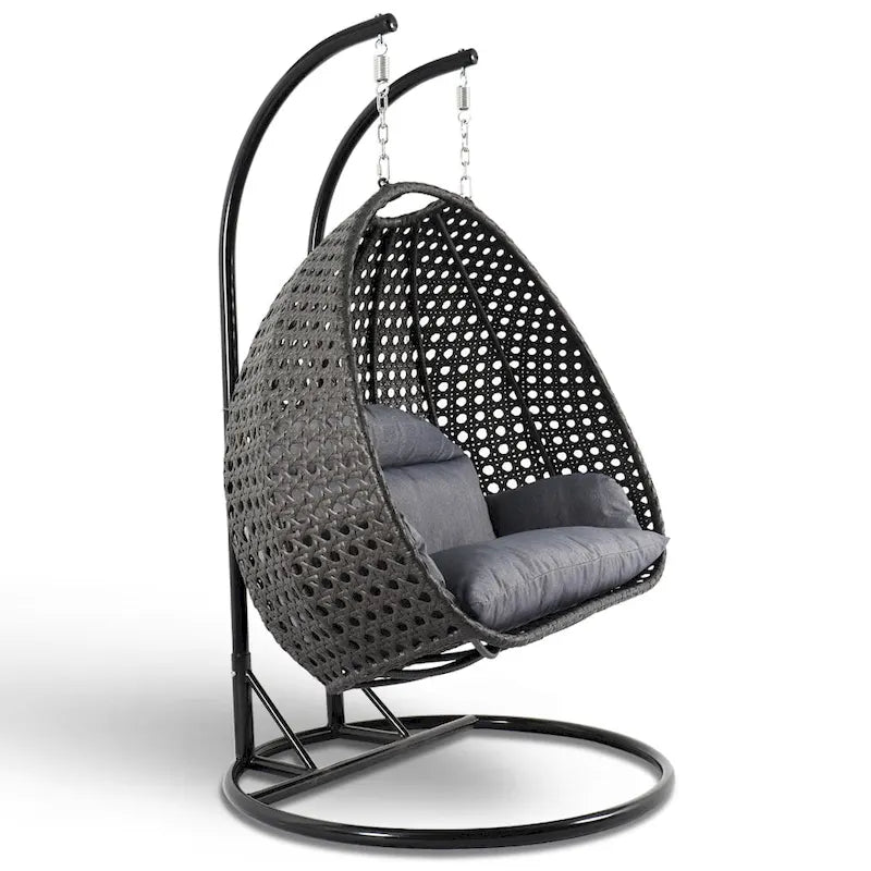 Poltrona sospesa a uovo LeisureMod per 2 persone con supporto - Altalena da patio in rattan intrecciato per esterni/interni, chaise longue con cuscini