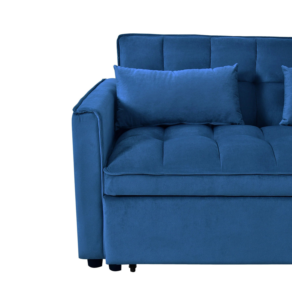 Sofá-cama moderno extensível, sofá-cama 3-em-1 com encosto ajustável, sofá de dois lugares em veludo, almofadas e bolsos laterais