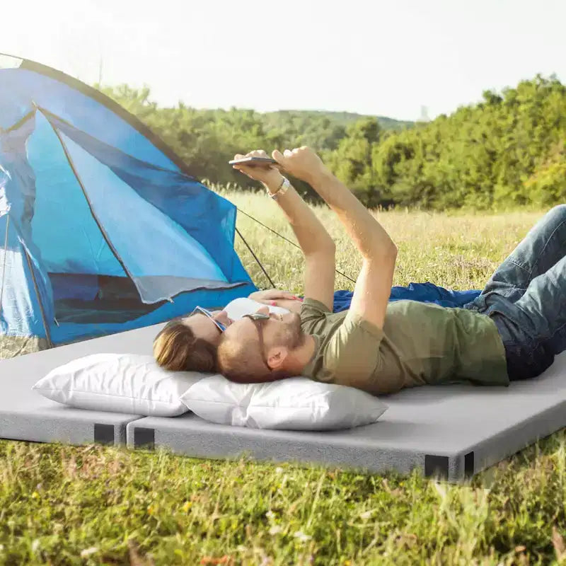 Colchão de campismo Costway em espuma viscoelástica com base antiderrapante e saco de transporte para dormir ao ar livre, cinzento/azul