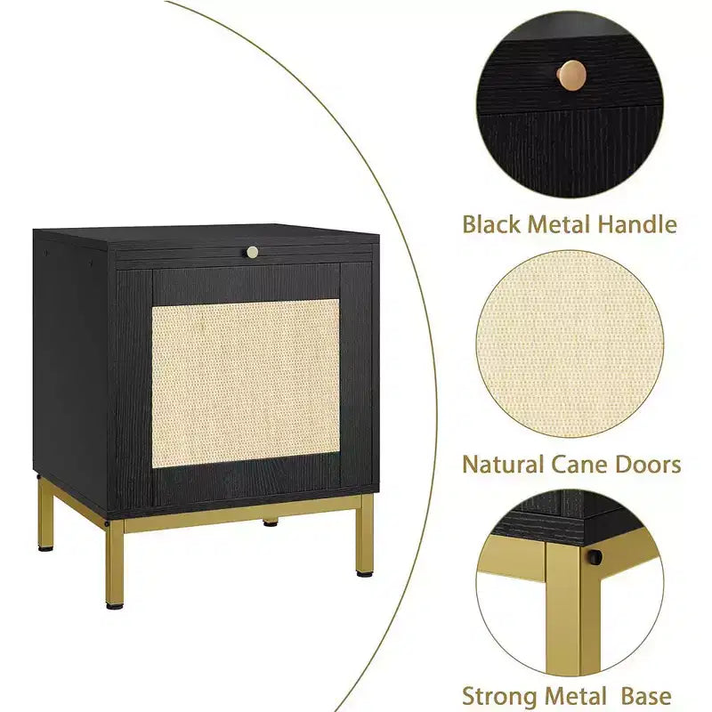 Tavolino in rattan, comodino in legno con vassoio estraibile