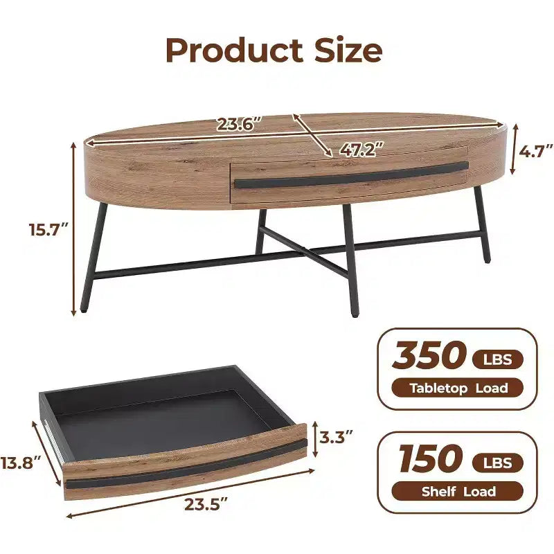 Mesa de centro oval Acekool com gaveta, mesa de arrumação de madeira de 47.2 com pernas metálicas cruzadas, mesa de centro moderna de meados do século em salgueiro natural e dourado
