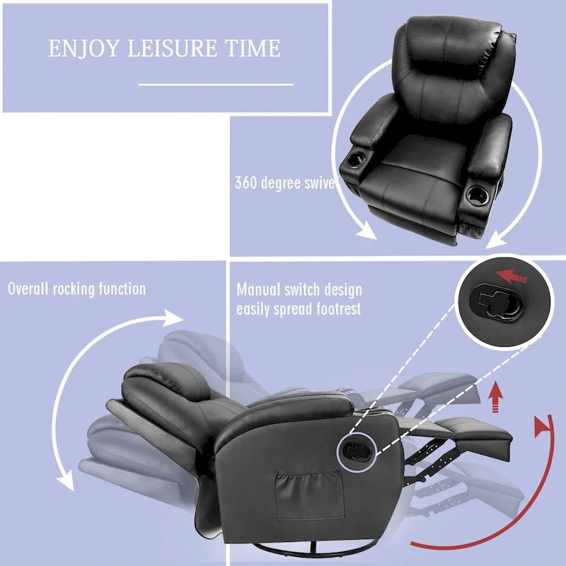 Massage Recliner Chair with Swivel, Heating & Faux Leather