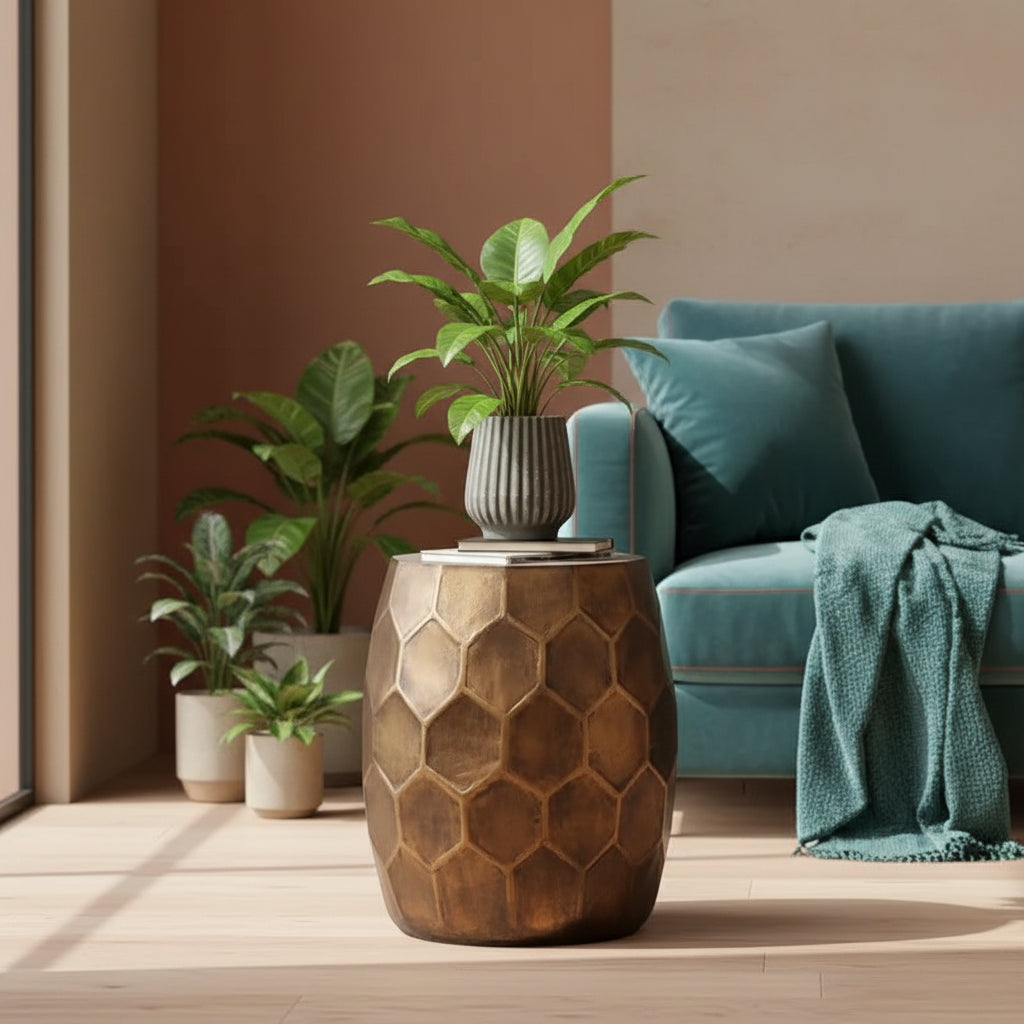 Adeco Round Copper End Table Outdoor Side Table or Stool for Patio