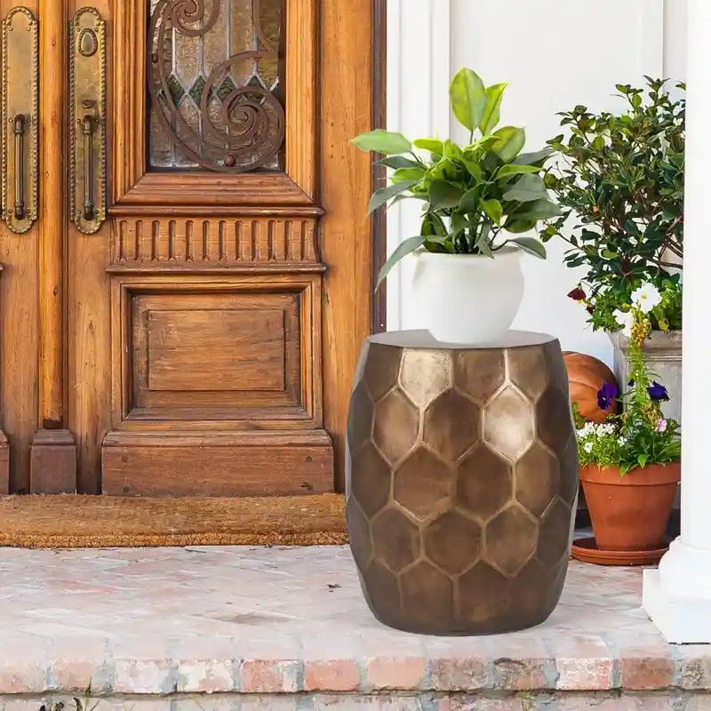 Table d'appoint, table basse ou tabouret d'extérieur rond en cuivre pour patio en béton
