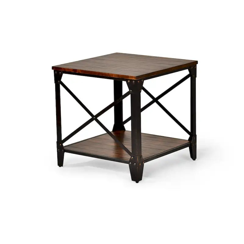 Solid Wood and Iron Rustic Square Side Table