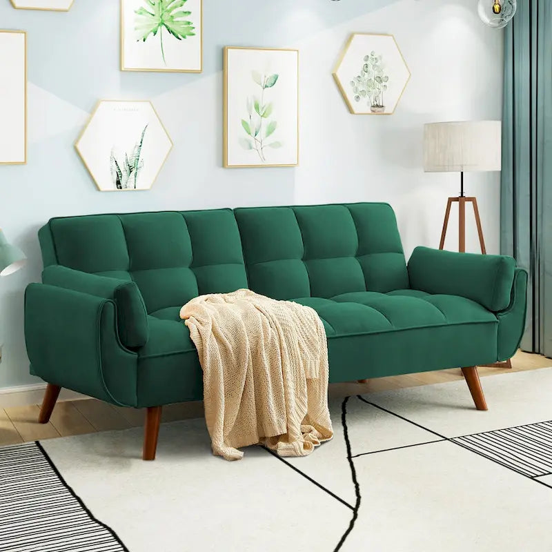 75.39 Futon Sofa Bed, Convertible Folding Futon Couch Recliner Lounge For Living Room With 2 Pillow/Armrest