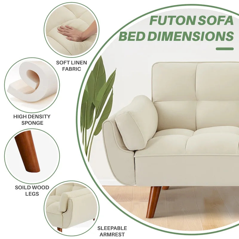 75.39 Divano Letto Futon, Divano Futon Pieghevole Convertibile Reclinabile Per Soggiorno Con 2 Cuscini/Braccioli