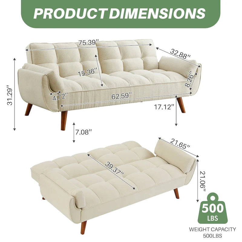 75.39 Divano Letto Futon, Divano Futon Pieghevole Convertibile Reclinabile Per Soggiorno Con 2 Cuscini/Braccioli