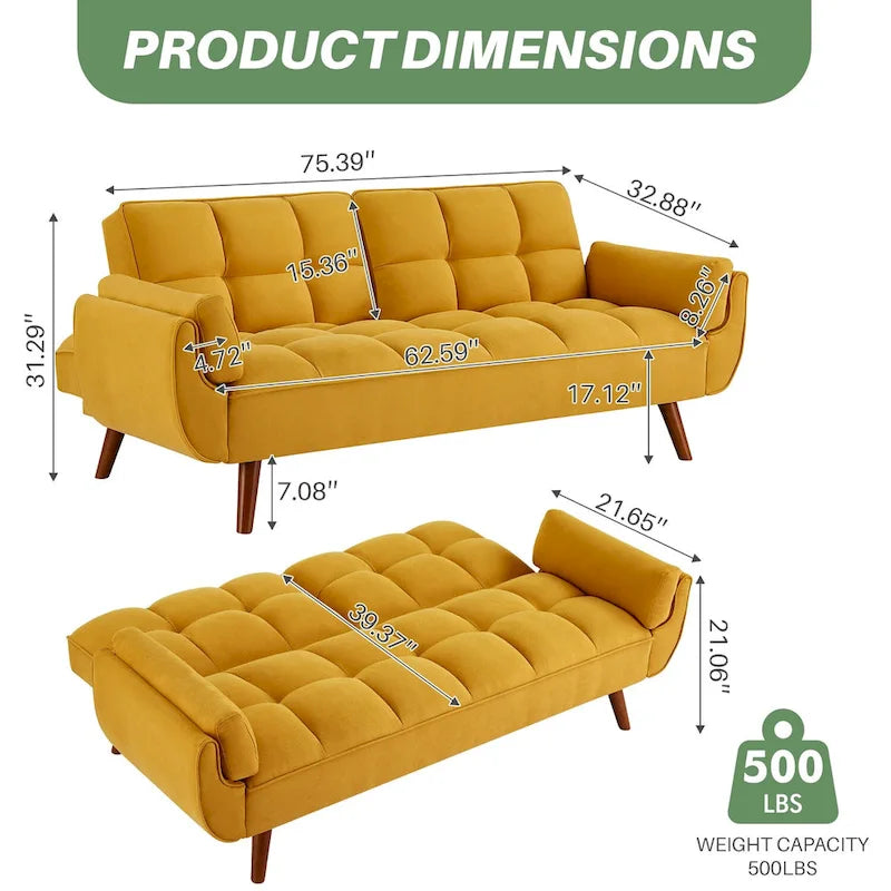 75.39 Divano Letto Futon, Divano Futon Pieghevole Convertibile Reclinabile Per Soggiorno Con 2 Cuscini/Braccioli