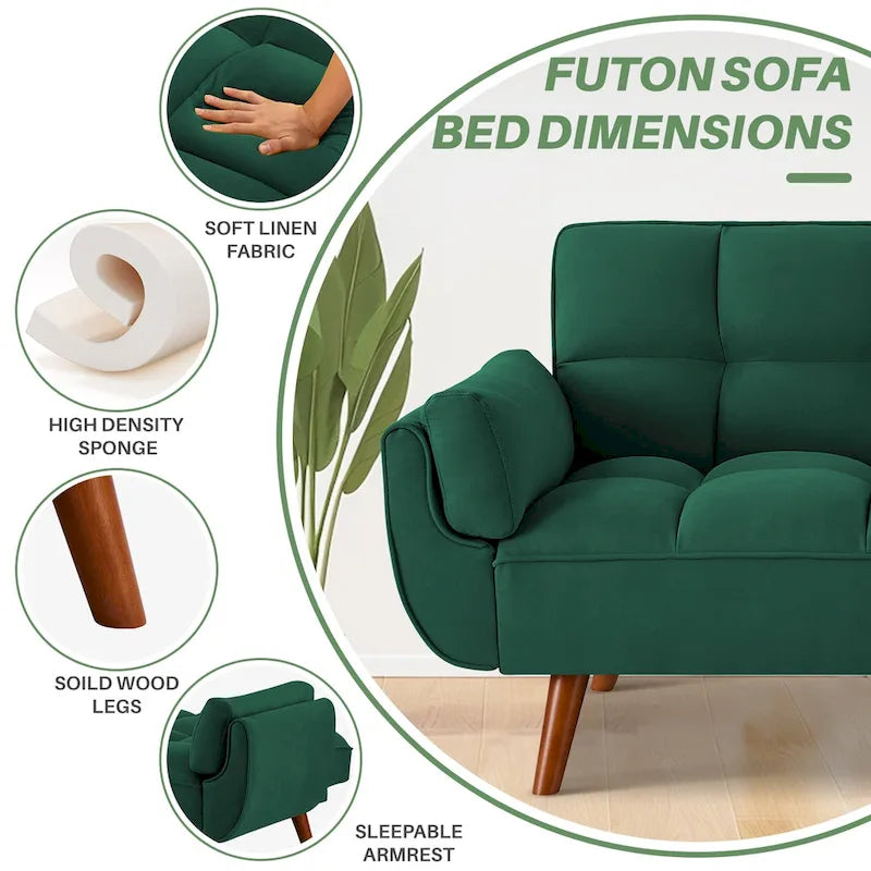 75.39 Divano Letto Futon, Divano Futon Pieghevole Convertibile Reclinabile Per Soggiorno Con 2 Cuscini/Braccioli