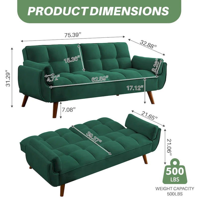 75.39 Divano Letto Futon, Divano Futon Pieghevole Convertibile Reclinabile Per Soggiorno Con 2 Cuscini/Braccioli