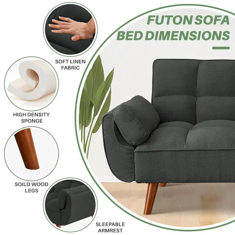 75.39 Divano Letto Futon, Divano Futon Pieghevole Convertibile Reclinabile Per Soggiorno Con 2 Cuscini/Braccioli