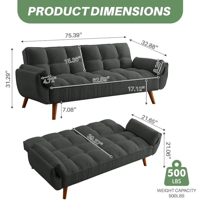 75.39 Divano Letto Futon, Divano Futon Pieghevole Convertibile Reclinabile Per Soggiorno Con 2 Cuscini/Braccioli