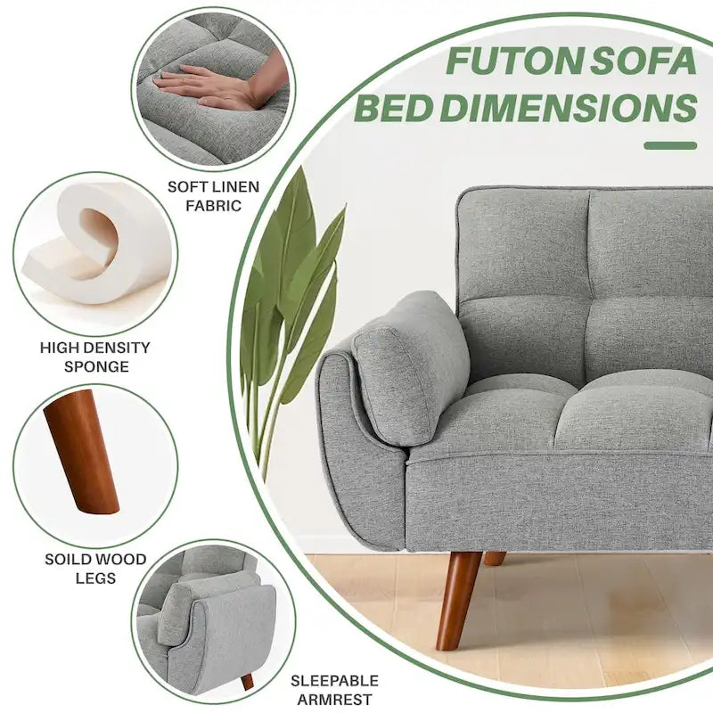 75.39 Divano Letto Futon, Divano Futon Pieghevole Convertibile Reclinabile Per Soggiorno Con 2 Cuscini/Braccioli
