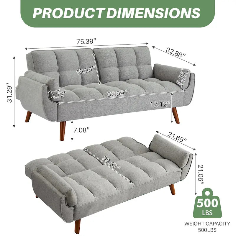 75.39 Divano Letto Futon, Divano Futon Pieghevole Convertibile Reclinabile Per Soggiorno Con 2 Cuscini/Braccioli