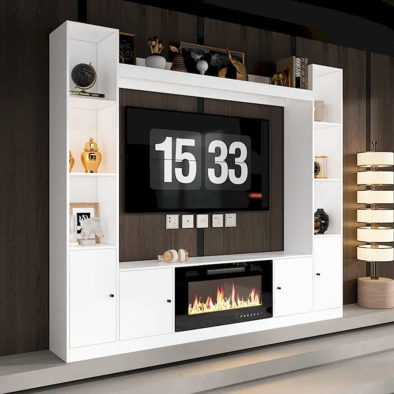 Mobile TV con inserto camino elettrico opzionale, elegante centro d'intrattenimento per soggiorno
