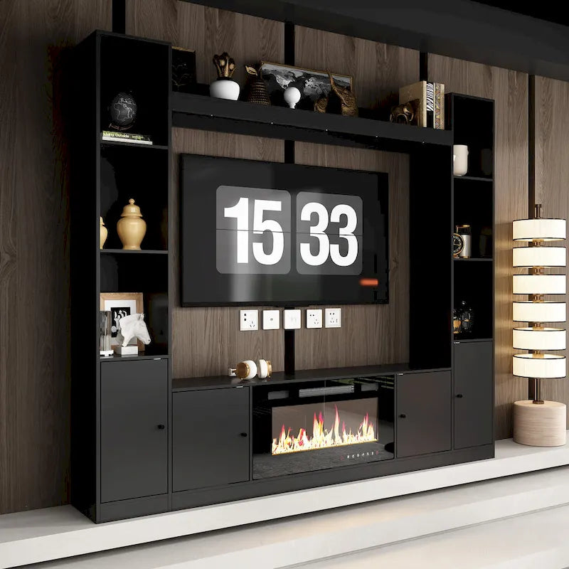 Mobile TV con inserto camino elettrico opzionale, elegante centro d'intrattenimento per soggiorno