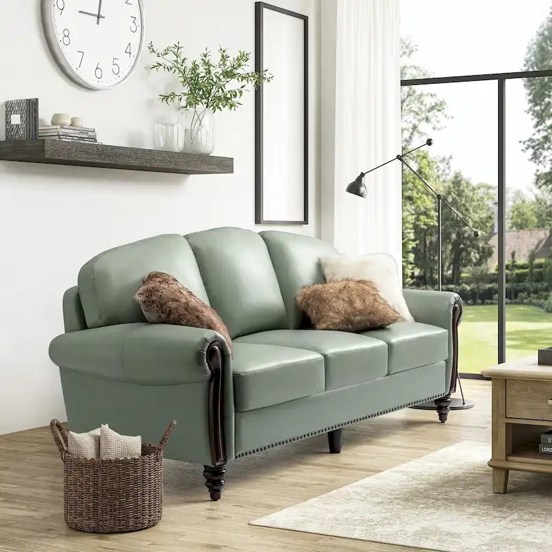 84" Traditional Genuine Leather Sofa with Carved Wood Legs