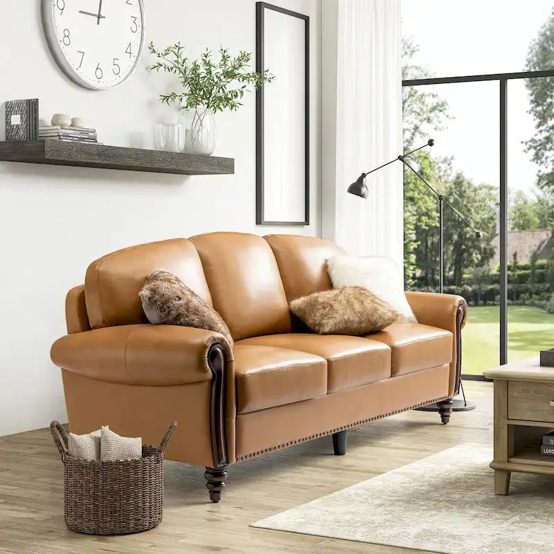84" Traditional Genuine Leather Sofa with Carved Wood Legs