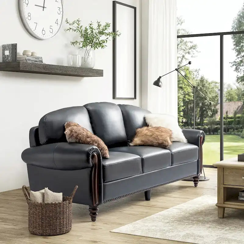 84" Traditional Genuine Leather Sofa with Carved Wood Legs