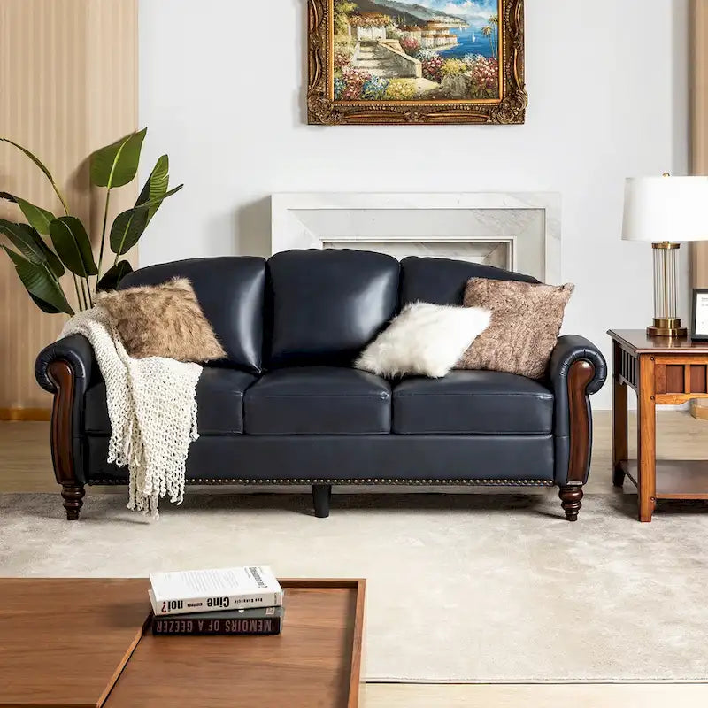 84" Traditional Genuine Leather Sofa with Carved Wood Legs