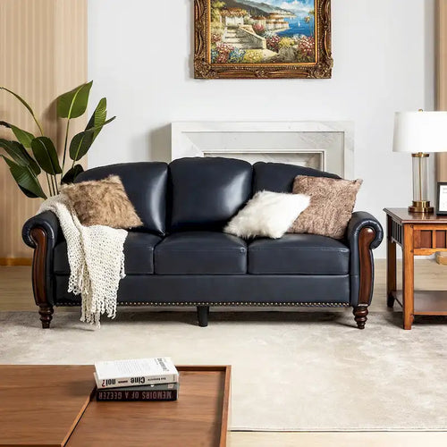 84" Traditional Genuine Leather Sofa with Carved Wood Legs
