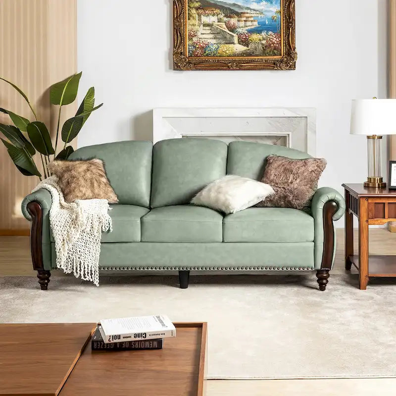 84" Traditional Genuine Leather Sofa with Carved Wood Legs