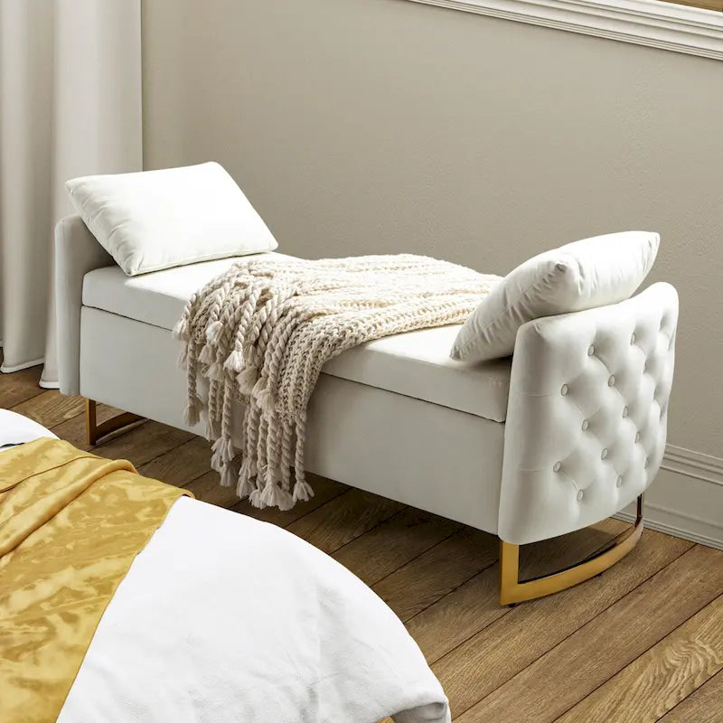 Banc de rangement capitonné moderne avec plateau relevable et oreillers