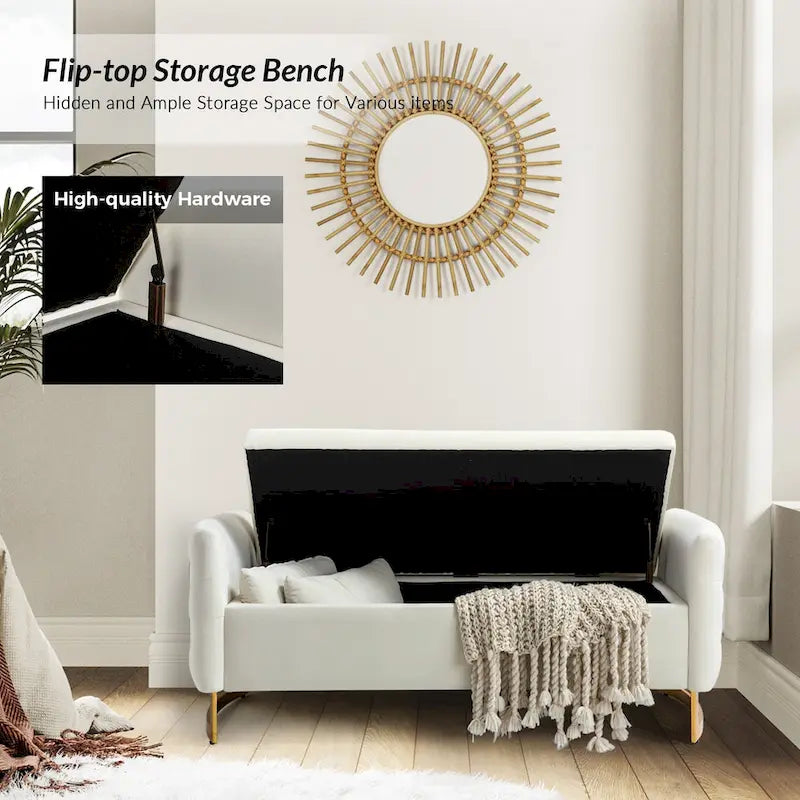 Banc de rangement capitonné moderne avec plateau relevable et oreillers