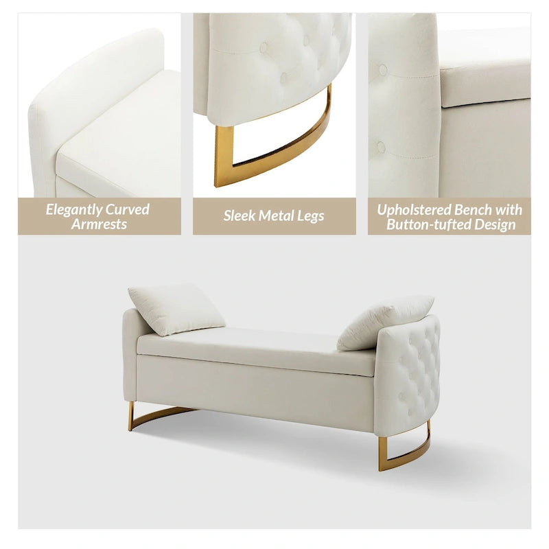 Banc de rangement capitonné moderne avec plateau relevable et oreillers